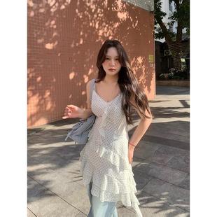 心动邂逅 山山屿你 微胖mm度假风吊带连衣裙女荷叶边白色波点裙
