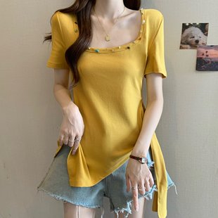 胖mm夏季 氣質(zhì)獨(dú)特方領(lǐng)短袖 T恤大碼 女裝 上衣 不規(guī)則收腰遮肚子修身