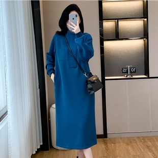 微胖mm中长款 2024秋冬新款 女装 宽松显瘦立领长袖 连衣裙 卫衣裙大码