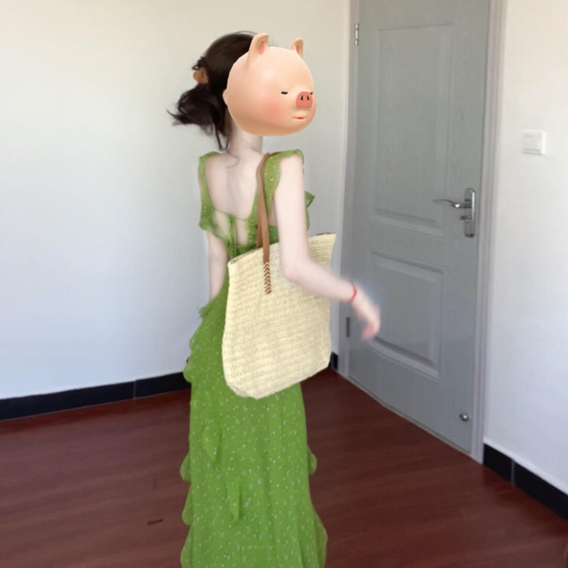 夏日绝美荷叶边绿色碎花吊带连衣裙子女夏季海边度假收腰气质长裙