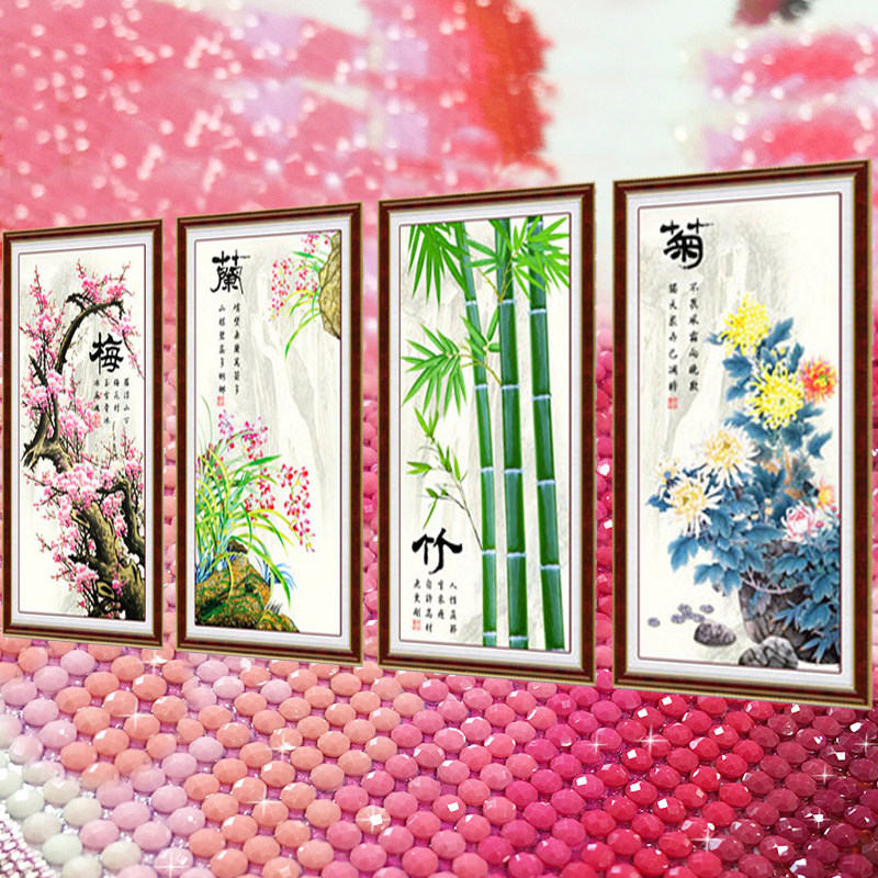 梅兰竹菊2026新款水晶钻石画满钻点钻十字绣高级感玄关竖版砖石秀