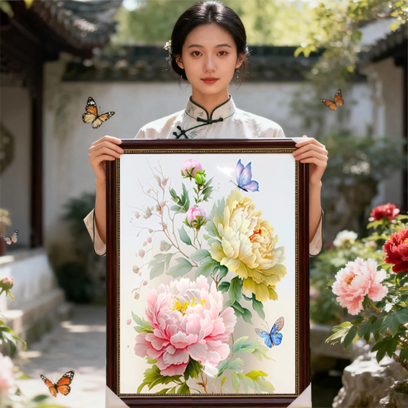 蝴蝶牡丹花2026新款自己手工刺绣十字绣线绣简单客厅玄关竖版走廊