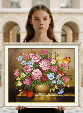 玫瑰花2026年新款手工刺绣十字绣线绣客厅玄关高级感简单小件花瓶