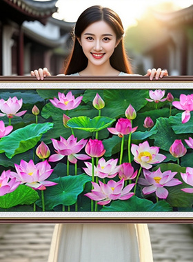 荷花图2026年新款打发时间自己手工刺绣十字绣线绣满绣高级感客厅