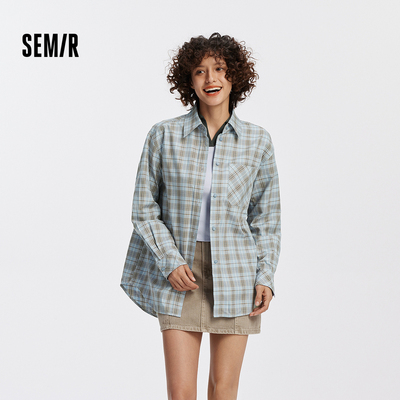 森马格子宽松中长款长袖衬衫女
