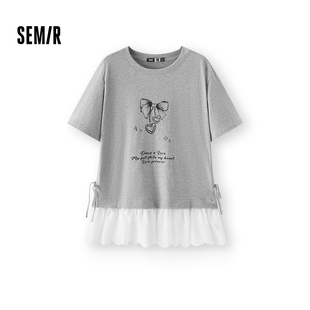 甜美甜酷套头衫 纯棉假两件花边蝴蝶结2026新款 T恤女夏季 森马短袖