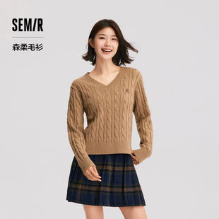 绞花上衣复古风 冬季 森柔毛衫 森马毛衣女刺绣V领显瘦宽松2024新款