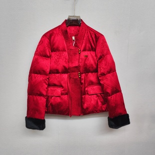 新中式红色短款鹅绒服女立领盘扣保暖显瘦短款冬季外套中国风