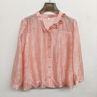 26A08 小衫 舒适醋酸纤维纯色衬衫 玫瑰花钉珠修饰套头上衣百搭女款