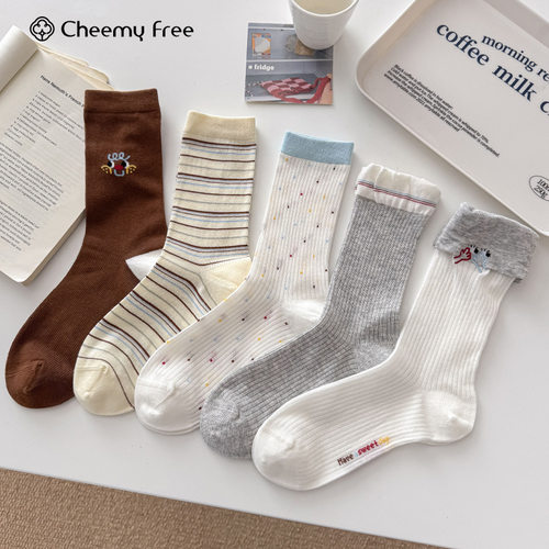 CHEEMY FREE春夏薄款透气卡通中筒袜子女原创动漫波点堆堆女袜