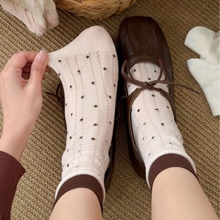 双罗口卷边布标袜子女学院风百搭网眼堆堆袜ins韩系简约镂空撞色