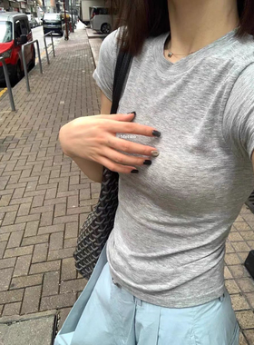 Metwo！美式正肩短袖t恤女夏季纯欲修身圆领灰色上衣莫代尔女内搭