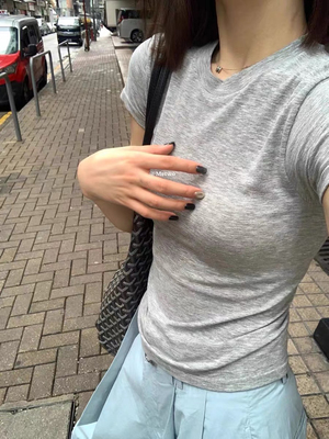 Metwo！美式正肩短袖t恤女夏季纯欲修身圆领灰色上衣莫代尔女内搭