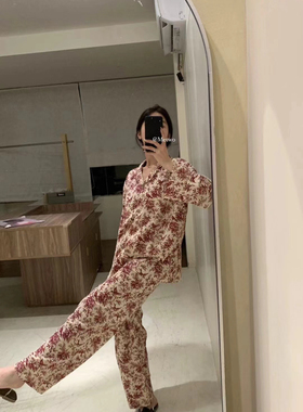 METWO贵妇家居服 法式浪漫红纯棉春秋长袖开衫睡衣女睡裤居家套装