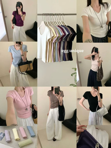 U领瘦瘦T韩系简约百搭舒适纯色eggU领显瘦短袖T恤上衣气质女打底