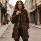 跨境秋冬复古外套女士翻领棕色鹿皮绒休闲夹克保暖气质中长款 外套