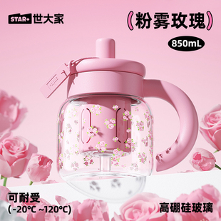 玻璃杯女生高颜值大容量耐高温桌面杯子办公室吸管水杯 世大家新款