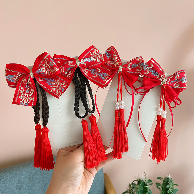 新款儿童新年蝴蝶结发夹过年汉服发饰女童发卡公主红色流苏头饰品,童装/婴儿装/亲子装,汉服,淘宝优惠券,粉丝福利购,淘宝优惠卷