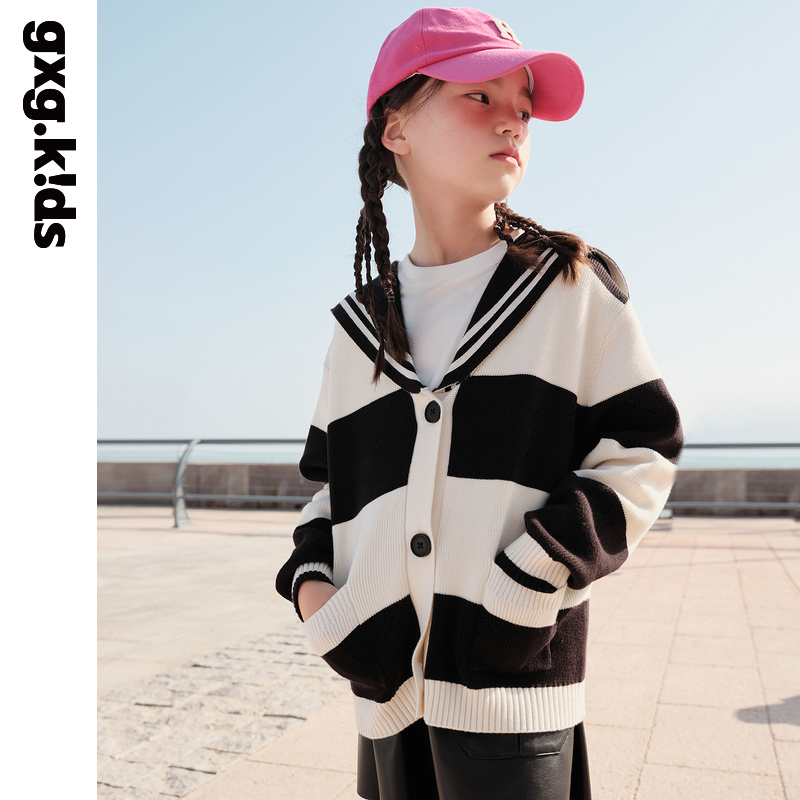 gxgkids童装儿童针织外套秋新款女童开衫菱格大翻领学院风大童
