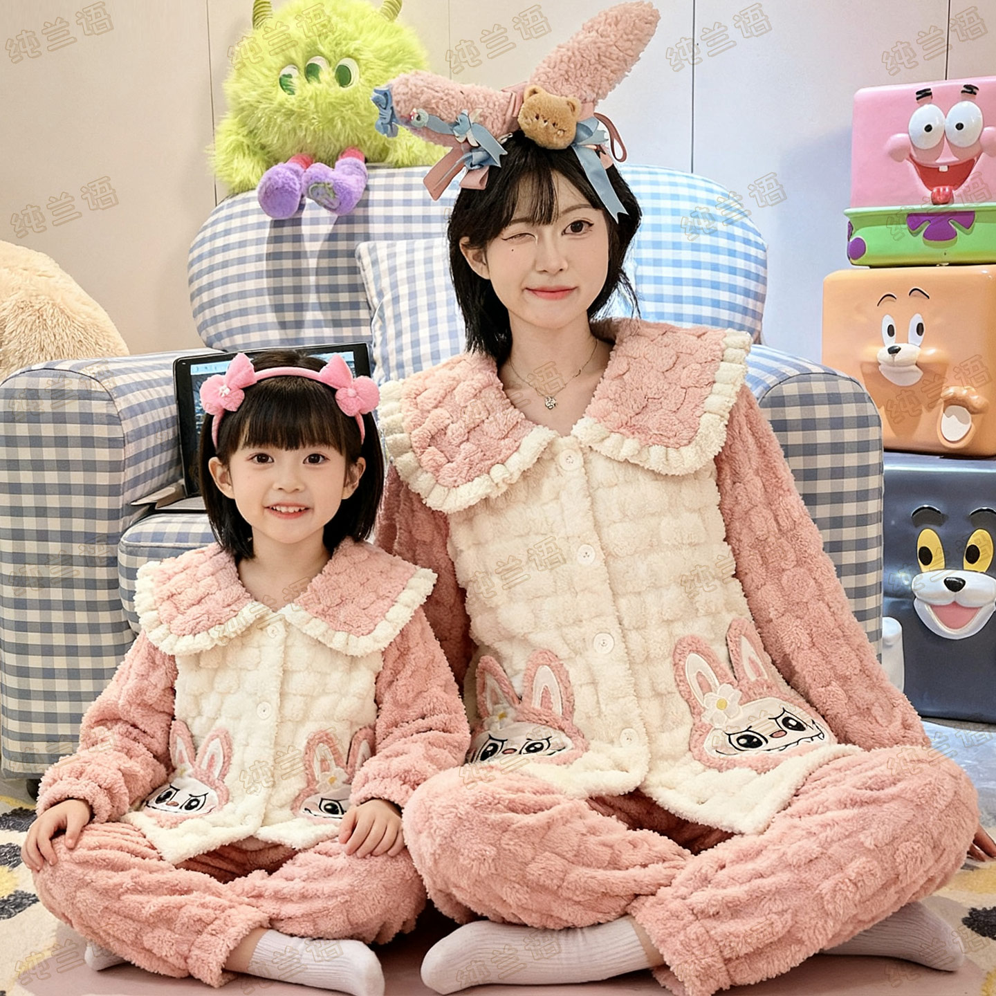 拉布布儿童睡衣母女秋冬季珊瑚绒女童套装女孩中大童法兰绒家居服