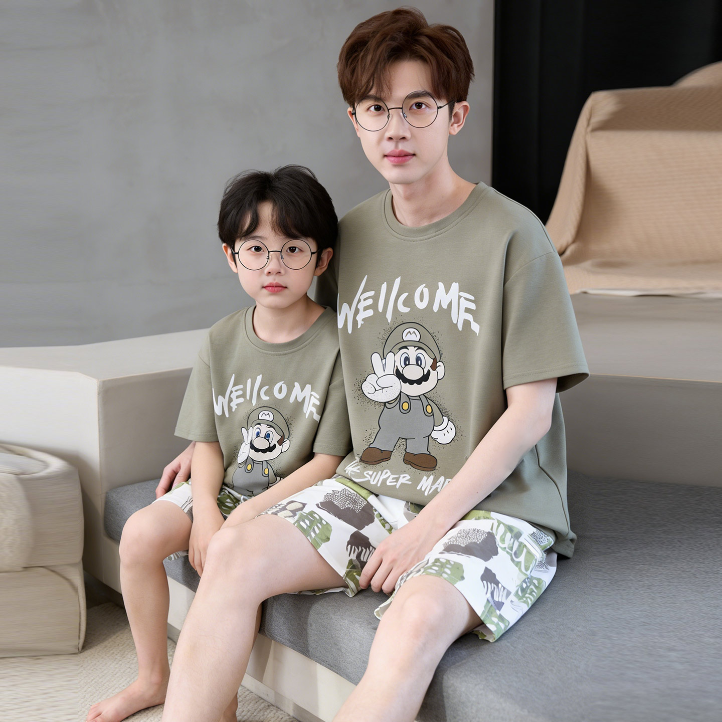亲子装睡衣卡通父子套装夏季纯棉薄款短袖男孩青少年加大码家居服