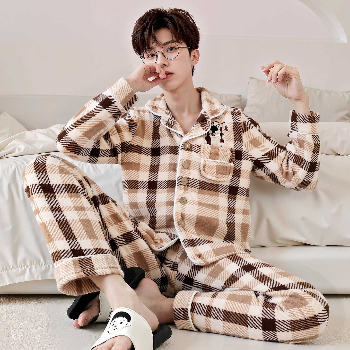 冬季法兰绒男款初中生小熊家居服