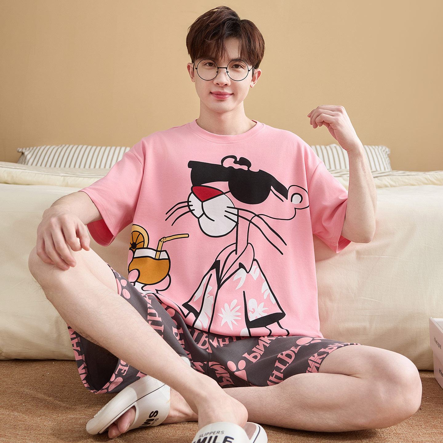 男款纯棉夏季短袖粉红豹圆领睡衣