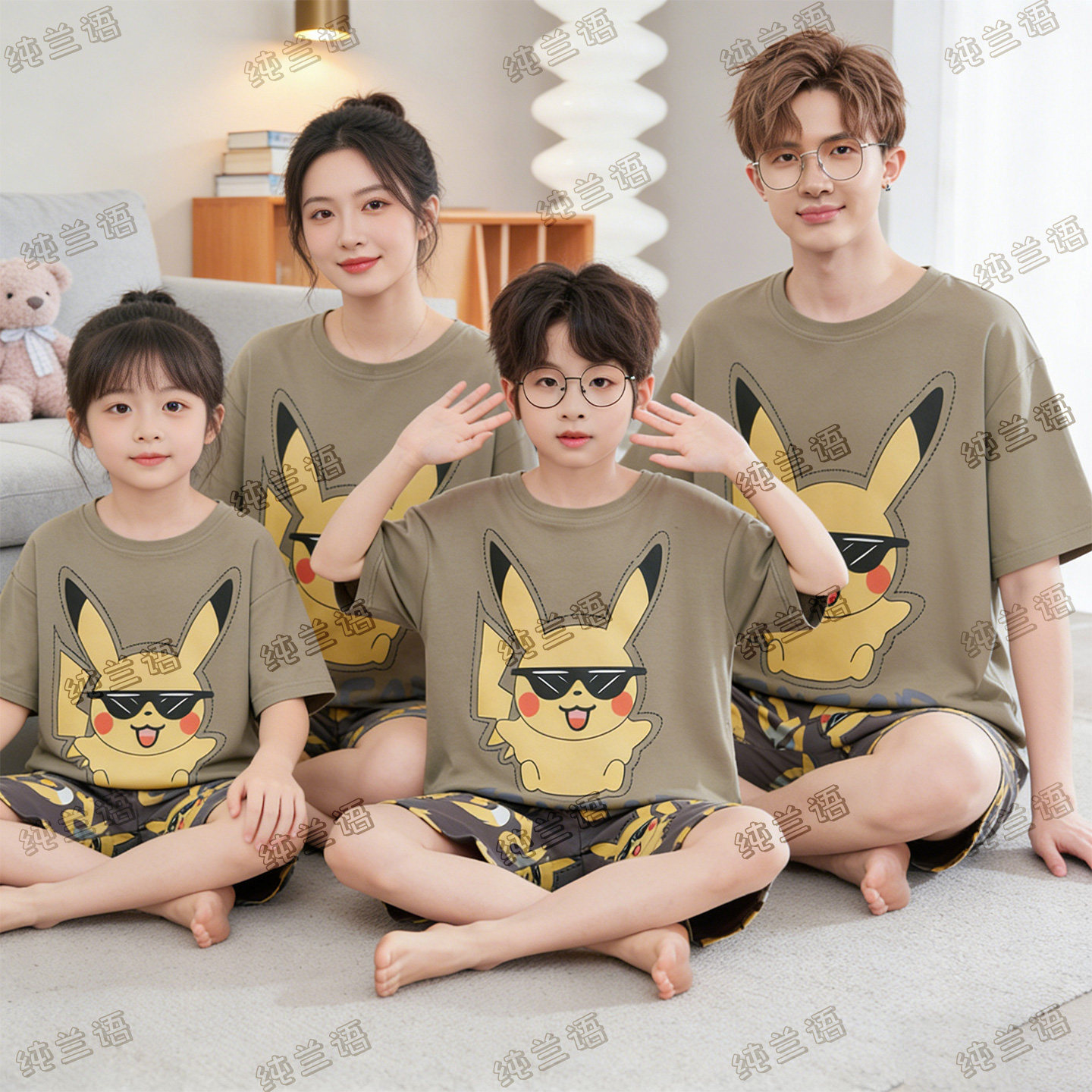 亲子睡衣夏季纯棉一家三四口短袖