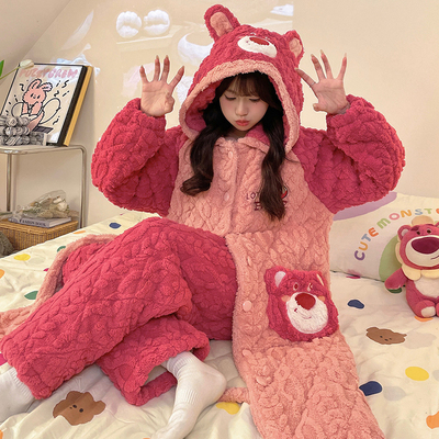 草莓熊睡衣女秋冬季三层夹棉睡袍