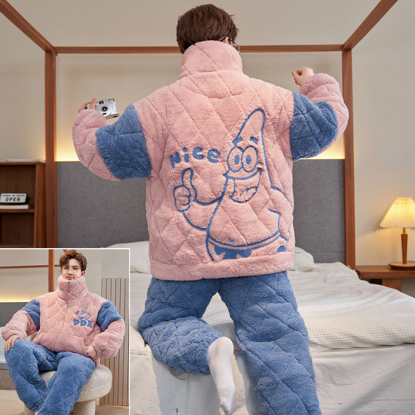 三层夹棉男冬季派大星立领家居服