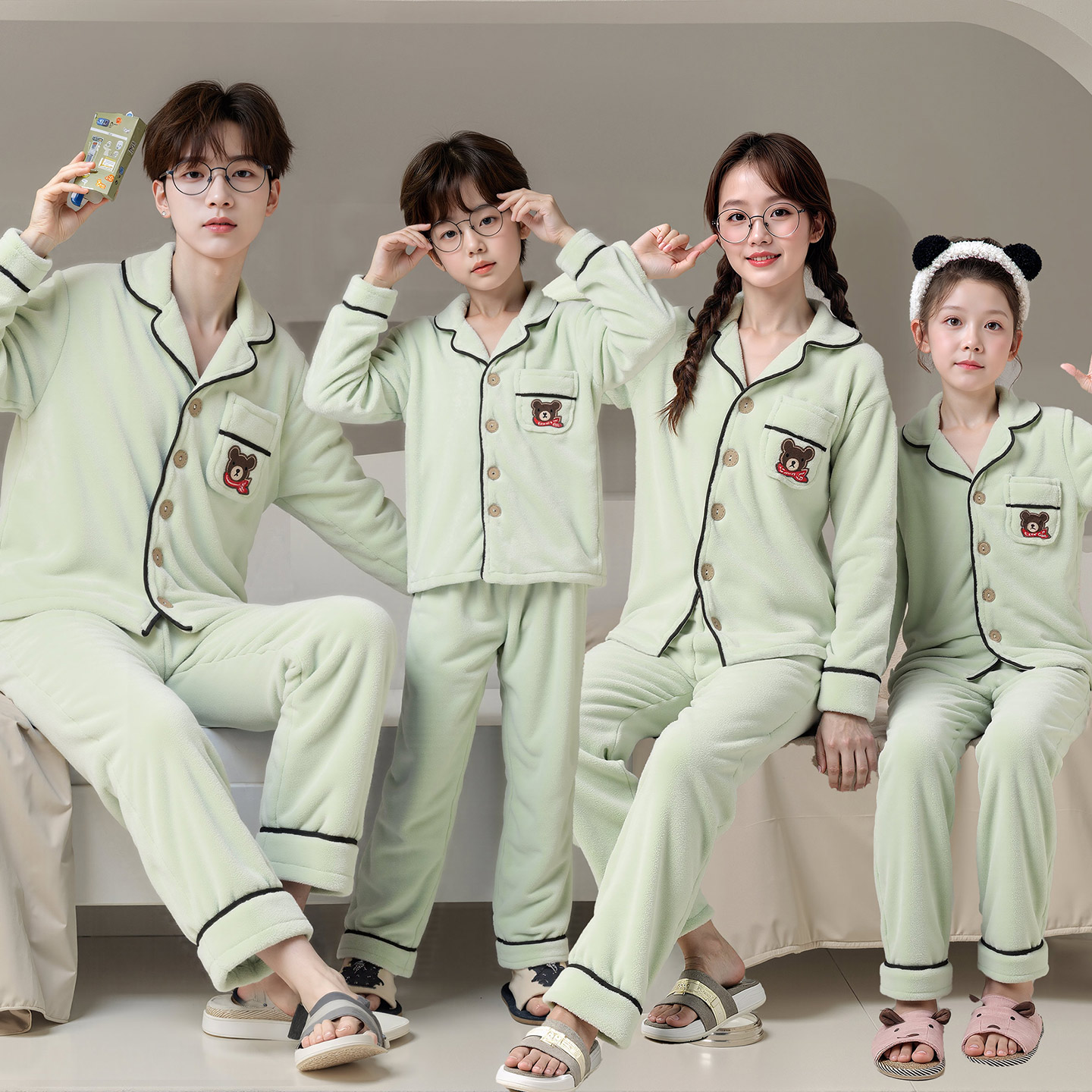 亲子母女装睡衣法兰绒开衫一家三四口秋冬季儿童男孩加大码家居服