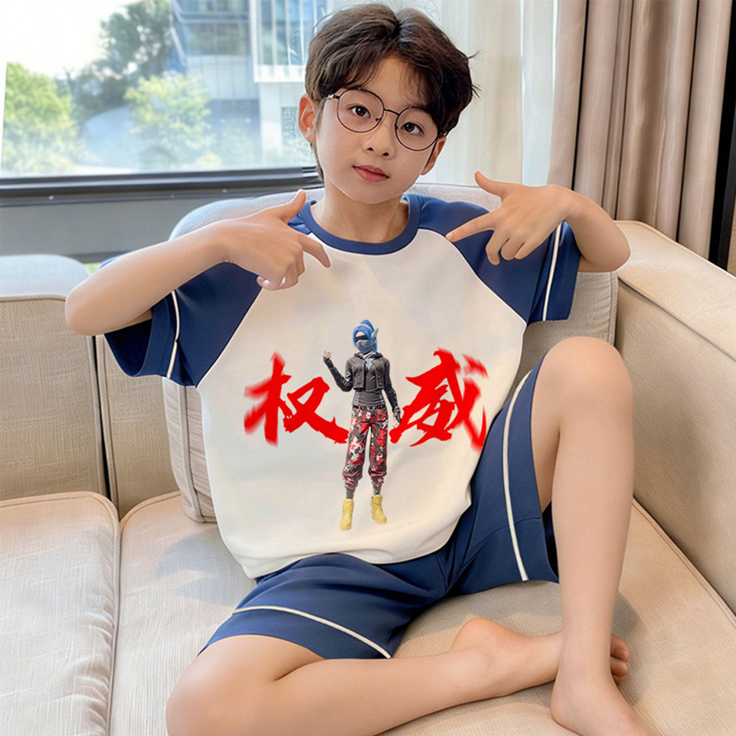 男童纯棉短袖卡通青少年睡衣套装