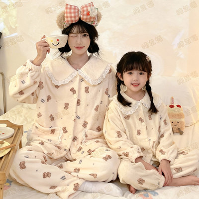 母女法兰绒冬季小熊大童家居服