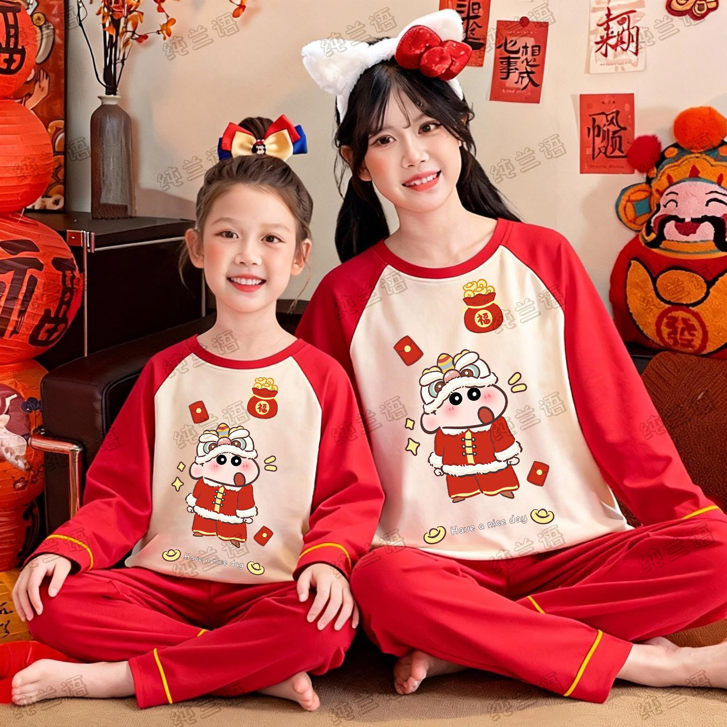 蜡笔小新睡衣母女装亲子红色新年装纯棉大码家居服过马年儿童女孩