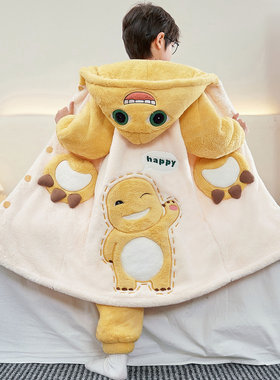 奶龙儿童睡袍冬季珊瑚绒套装加厚保暖卡通风男童法兰绒家居服睡衣