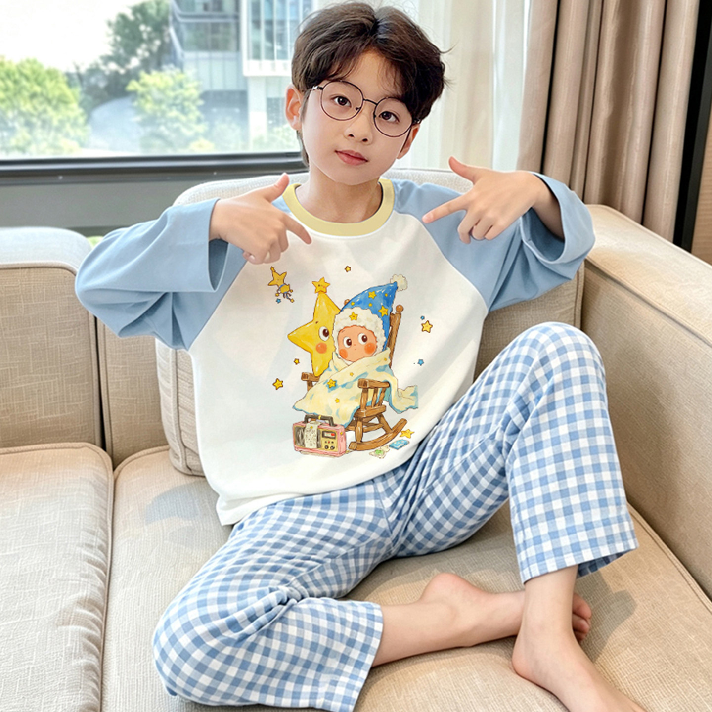 纯棉长袖春秋季男孩中大童家居服