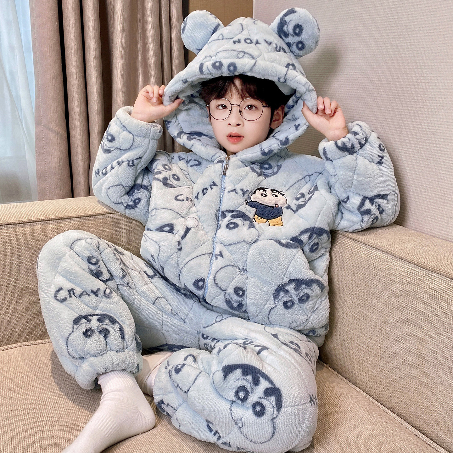 男童冬季蜡笔小新三层夹棉家居服