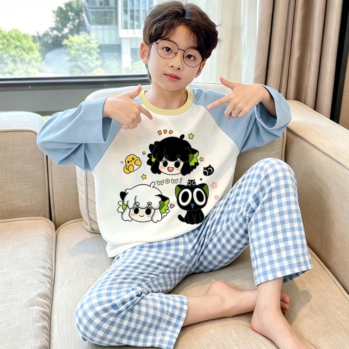 春秋季纯棉长袖儿童中大童家居服