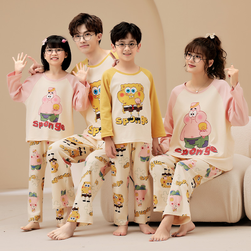 亲子装睡衣春秋长袖纯棉一家薄款