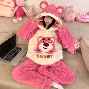 珊瑚绒睡衣女秋冬季 卡通草莓熊少女法兰绒家居服 加厚加绒2025新款