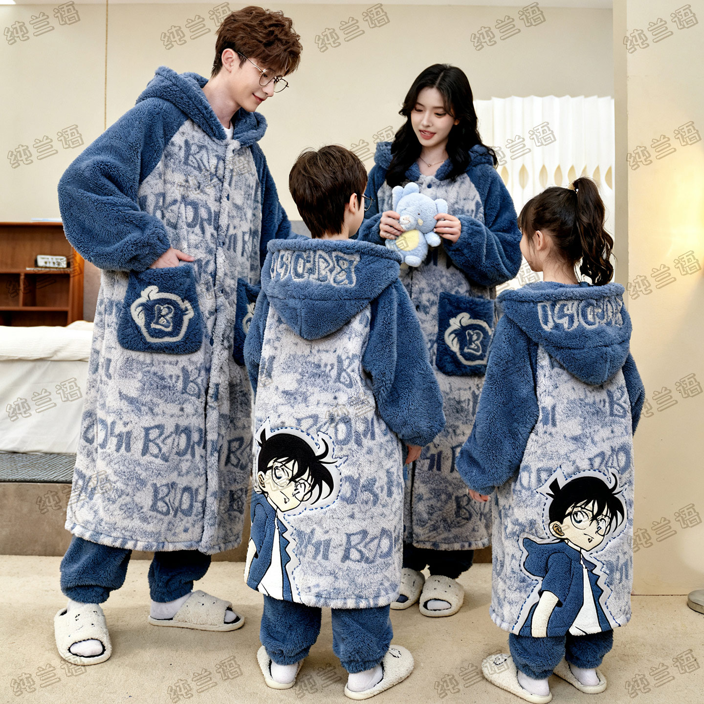 秋冬季珊瑚绒亲子装睡衣一家三口加厚加绒睡袍柯南四口家居服套装
