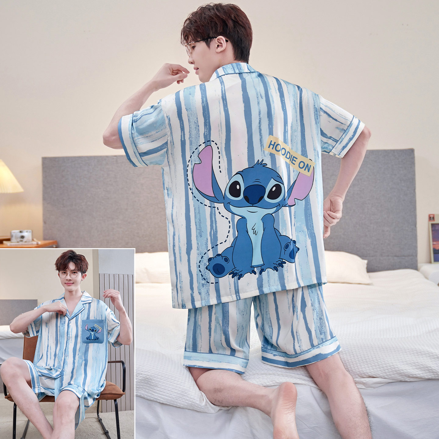 青少年男款夏天冰丝短袖卡通睡衣