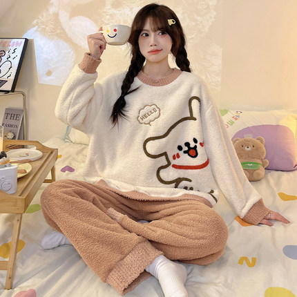 半边绒睡衣女款秋冬季加厚加绒珊瑚绒女童卡通线条小狗家居服套装