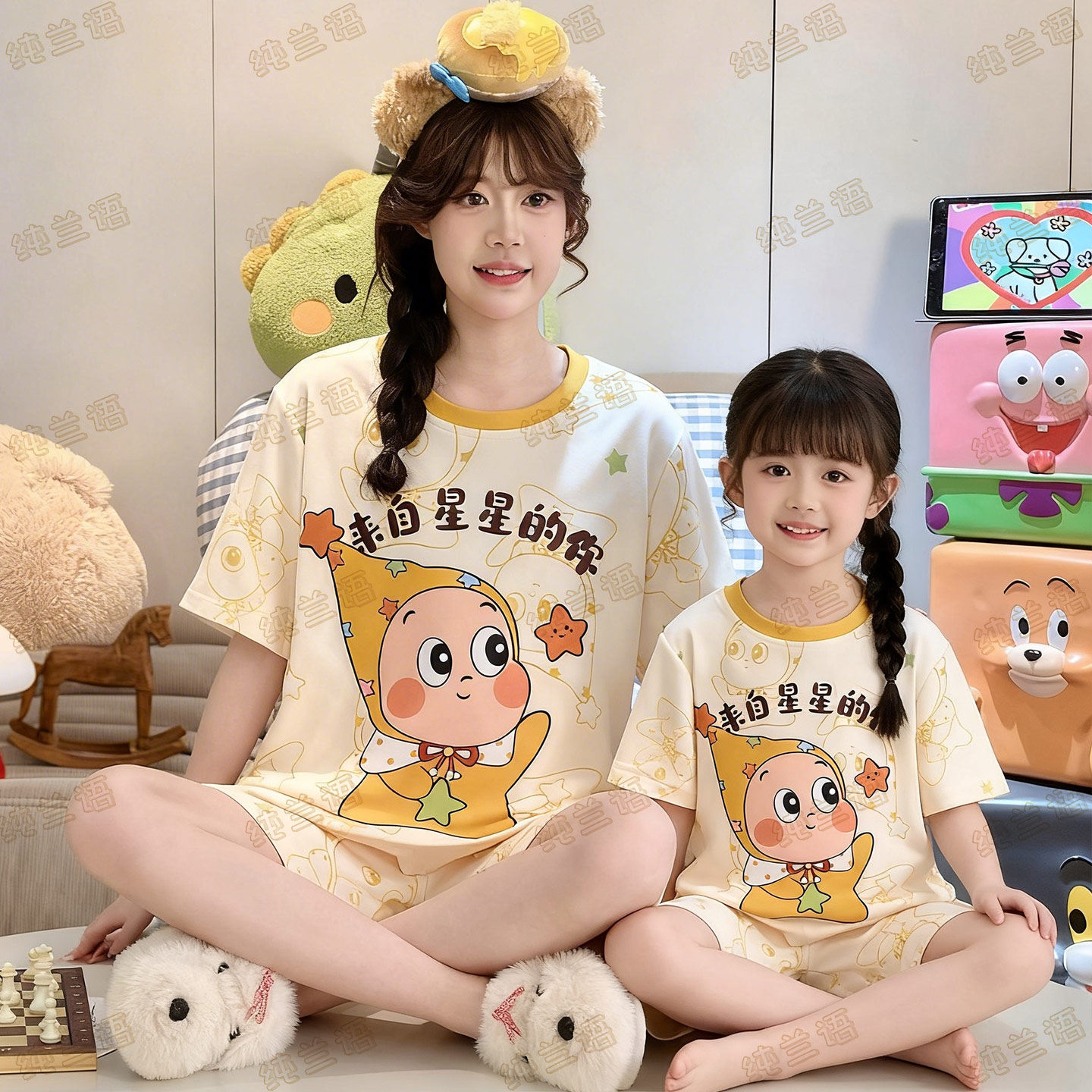 亲子睡衣女中大童夏季薄款纯棉短袖带胸垫防凸点女孩家居服母女装
