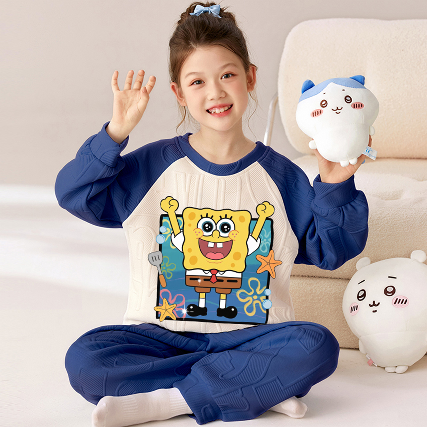 女童长袖夹层棉秋冬款保暖家居服