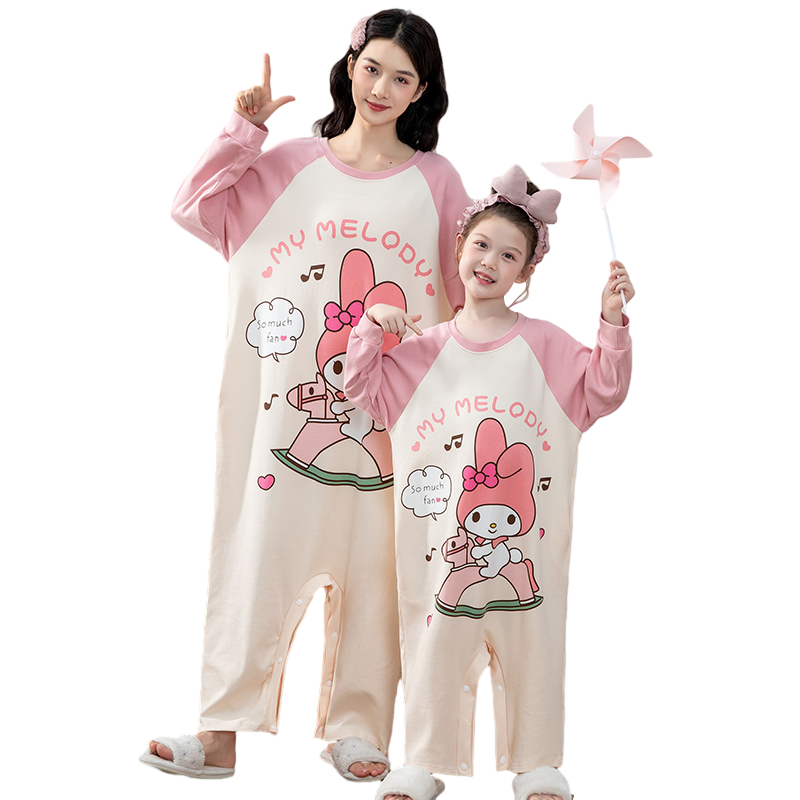 春夏季纯棉长袖连体睡衣母女睡裙