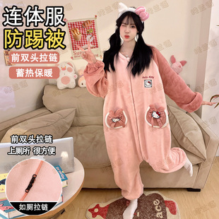 秋冬季女款睡袋2025新款KT猫法兰绒保暖加绒加厚女孩中大童连体衣