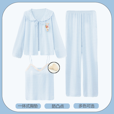 亲子睡衣女秋季带胸垫纯棉三件套