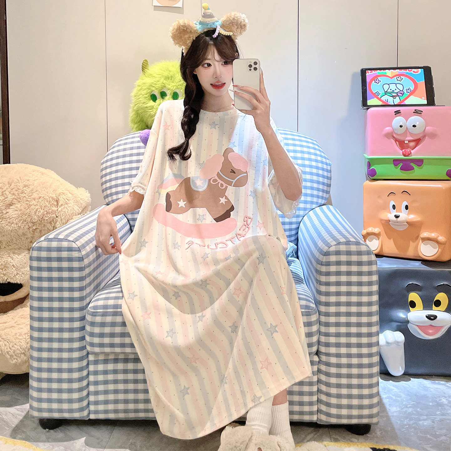 女夏季纯棉短袖卡通学生大码睡裙