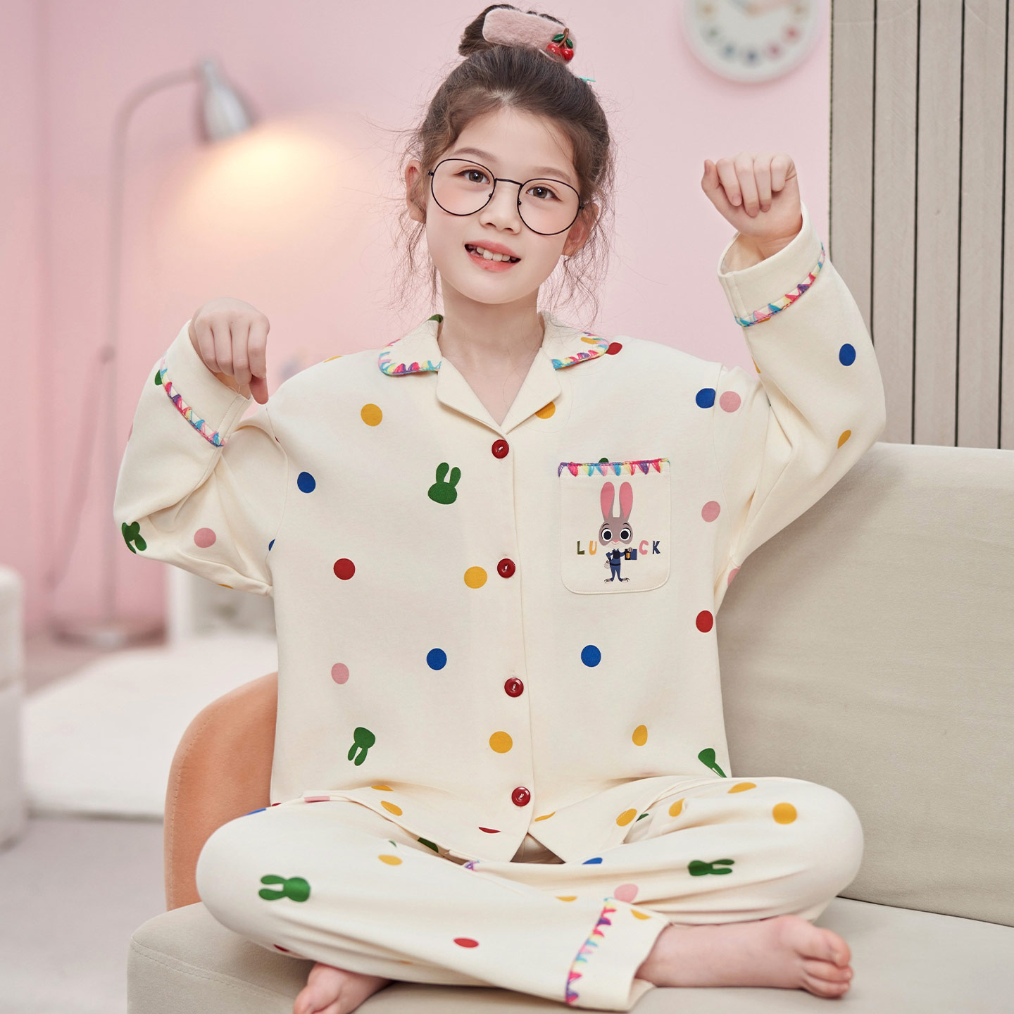 女童朱迪纯棉长袖家居服套装外穿